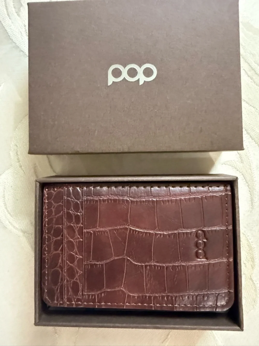 Pop Up Wallet Brown Croc Embossed RFID Card Holder Slim w Box